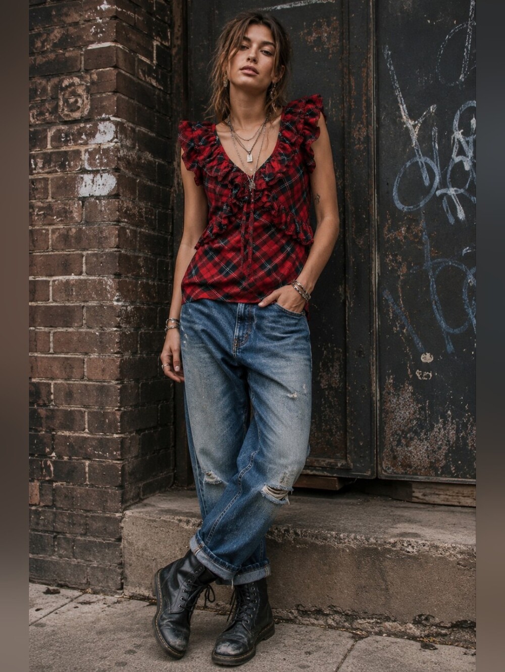 Denim & Supply Ralph Lauren Plaid Ruffled V-neck Tie-back Top Grunge Women's L
